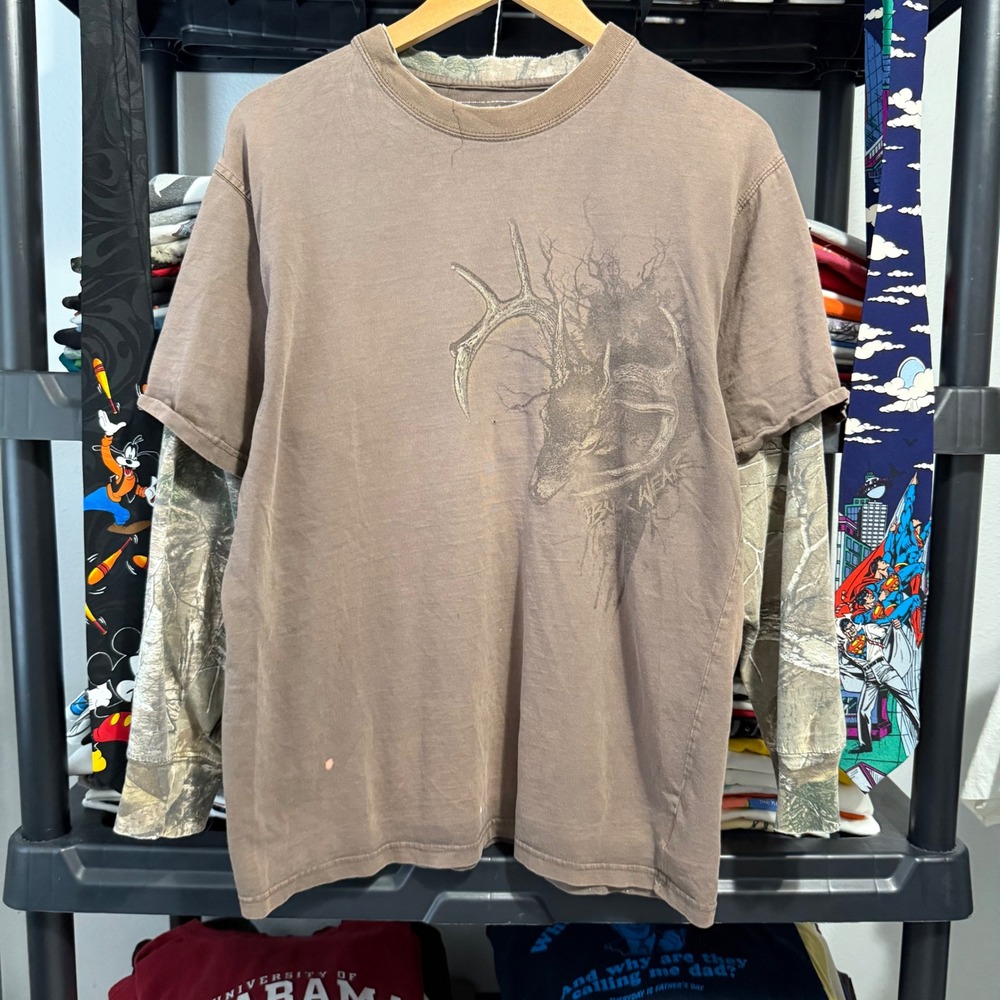 Y2K Brown Buck Wear Camo Double Layer Graphic Tee Large Light Marks